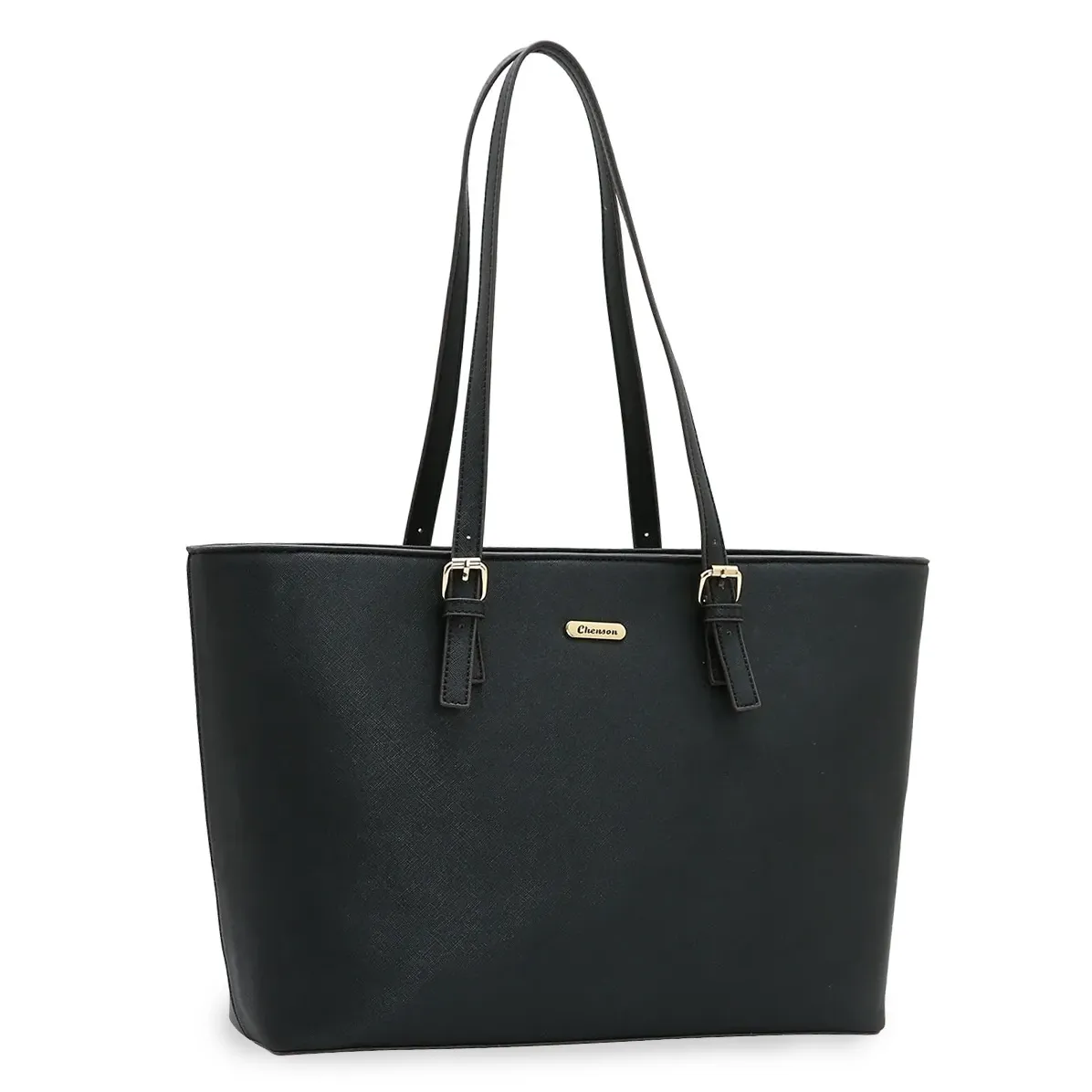 Bolsa shopper feminina preta Chenson, vista frontal com alças longas e acabamento elegante